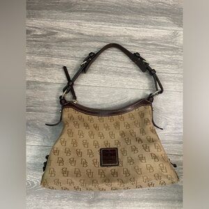 Dooney Bourke logo Tan & Brown Shoulder Purse with Brown Leather Trims Handbag